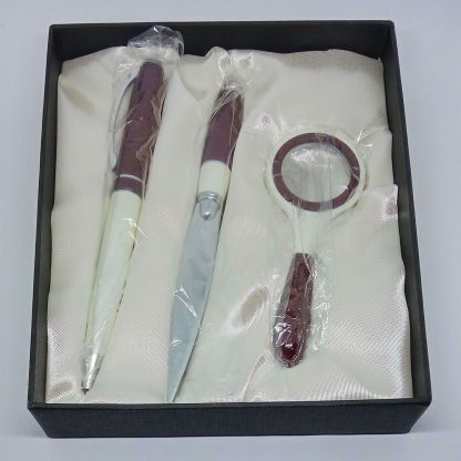 Set Scrivania marrone bianco con Penna a sfera Lente ingrandimento Taglierino Tagliacarte - immagine 2