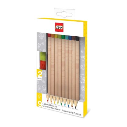 LEGO Set di 9 Matite Colorate assortite + 2 Toppers a forma di mattoncino
